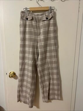 High-Rise Plaid Wide-Leg Trousers in Beige and Cream